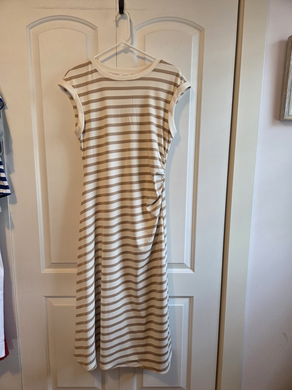 Striped Beige and White Midi Dress - Casual Ruched Side Detail